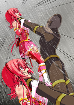 1boy 1girl absurdres abuse armpit_crease arms_up asphyxiation back_bow battle beaten blush body_blush bodysuit boots bow breasts brown_bodysuit brown_helmet bruise bruise_on_arm bruise_on_face bruise_on_leg bruise_on_stomach character_request clover_rose collared_dress constricted_pupils detached_sleeves dirty dirty_clothes dress elbow_gloves emphasis_lines feet_out_of_frame fighting from_side full_body gloves hairband hands_on_another's_arms hands_on_another's_neck hanging_legs height_difference helmet highres huge_bow immobilization injury knee_boots koeda0111 lace lace-trimmed_dress lace_trim lifting_person long_sidelocks magical_girl miniskirt multicolored_footwear multicolored_skirt multiple_views navel neck_lift open_mouth original outdoors pain panties pantyshot peril pink_boots pink_dress pink_eyes pink_gloves pink_hair pink_skirt pink_sleeves pink_thighhighs pleated_skirt profile rain red_bow red_hairband ryona saliva scratches short_dress short_hair_with_long_locks sidelocks skirt sleeveless sleeveless_dress slim_legs small_breasts storm strangling struggling tall_male thighhighs torn torn_clothes torn_dress torn_skirt torn_thighhighs underwear utsugi_chisaki very_long_sidelocks violence wet wide-eyed yotsuba_no_senki_clover_rose zettai_ryouiki zoom_layer