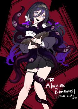 Rule 34 | absurdres, ahoge, alumina bloomveil, black-framed eyewear, black hair, black skirt, book, bracelet, cardigan, character name, choker, commentary, commission, english commentary, extra eyes, grabbed by tentacles, grey eyes, grimoire, hair between eyes, headband, highres, holding, holding book, horror (theme), indie virtual youtuber, jewelry, long hair, looking at viewer, low twintails, mankintan, monster, open cardigan, open clothes, pale skin, purple cardigan, ribbon, round eyewear, shirt, skeb commission, skirt, smile, tentacles, twintails, virtual youtuber, white ribbon, white shirt