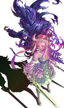 1girl armor bare_shoulders blonde_hair blue_eyes bow bravely_default:_flying_fairy bravely_default_(series) brooch detached_sleeves dissolving dress dual_wielding edea_lee from_above gauntlets glowing glowing_eye hair_bow hairband helmet highres holding imosen jewelry katana long_hair looking_away pantyhose serious shadow sidelocks summoning susano-o susanoo_(bravely_default) sword torn_clothes weapon