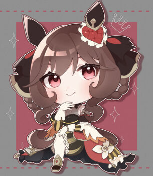 1girl absurdres animal_ears bare_shoulders black_dress blush braid braided_hair_rings breasts brown_hair chibi chibi_only closed_mouth corset crown detached_sleeves diamond_(shape) dress ear_covers ear_ornament gentildonna_(regina_dei_fiori)_(umamusume) gentildonna_(umamusume) gloves hair_between_eyes hair_ornament hair_rings heart-shaped_ornament heart_ear_ornament highres horse_ears horse_girl horse_tail kurumiya_(krmy_p) large_breasts long_hair looking_at_viewer red_corset red_eyes see-through_cleavage see-through_clothes shoes smile solo tail thighhighs umamusume white_gloves white_thighhighs