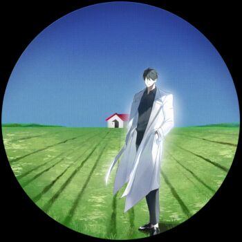 1boy animated animated_gif black_hair black_shirt blue_sky circle clear_sky coat collared_shirt day faceless full_body grass hands_in_pockets highres horizon house kim_dokja male_focus omniscient_reader&#039;s_viewpoint open_clothes open_coat outdoors plain shirt short_hair sky solo standing tanppopo9 vision_test white_coat