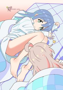 2girls blue_hair blush closed_mouth collared_shirt hair_between_eyes highres himejoshi long_hair long_sleeves multicolored_hair multiple_girls no_pants onii-chan_wa_oshimai! oversized_clothes oversized_shirt oyama_mahiro panties pantyshot pink_hair robomito shirt smile striped_clothes striped_panties tenkawa_nayuta thighhighs two-tone_hair underwear