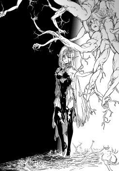 1girl aura_moriel breasts closed_mouth dithering dress dungeon_ni_deai_wo_motomeru_no_wa_machigatteiru_darou_ka elf greyscale haimura_kiyotaka hair_between_eyes highres long_hair looking_at_viewer medium_breasts monochrome novel_illustration official_art pointy_ears possessed revis_(sword_oratoria) solo standing sword_oratoria thighhighs third-party_source torn_clothes torn_dress torn_thighhighs