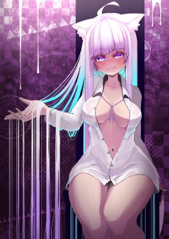 1girl ahoge animal_ear_fluff animal_ears blue_hair breasts cat_ears cat_girl closed_mouth colored_inner_hair highres hololive kajimakoto large_breasts long_hair looking_at_viewer multicolored_hair naked_ribbon navel nekomata_okayu nekomata_okayu_(oversized_shirt) open_clothes open_shirt purple_hair purple_ribbon ribbon shirt smile solo unbuttoned unbuttoned_shirt very_long_hair virtual_youtuber white_shirt