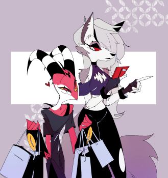 1boy 1girl ama0805 blitzo_(helluva_boss) crop_top demon_boy demon_girl demon_horns demon_tail dog_girl father_and_daughter furry furry_female grey_hair hellaverse helluva_boss highres horns looking_at_another loona_(helluva_boss) red_eyes tail