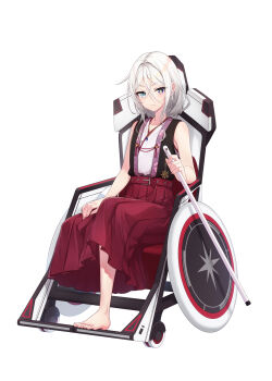 1girl amputee bare_arms bare_shoulders barefoot black_vest blue_eyes closed_mouth commentary_request full_body hair_intakes hakama hakama_skirt heterochromia highres holding japanese_clothes kimono long_hair looking_at_viewer original purple_eyes red_hakama simple_background sitting skirt sleeveless sleeveless_kimono solo uruha_(yw1109) vest wheelchair white_background white_hair white_kimono