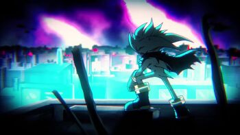 1boy 2025 animated audible_speech brown_cape cape chromatic_aberration city_lights cityscape clenched_teeth close-up commentary energy english_audio english_commentary english_text full_body furry furry_male fusion gloves glowing hedgehog hedgehog_boy koiketo legs_apart male_focus multiple_views outdoors purple_sky silver_the_hedgehog sky sonic_(series) sound spiked_hair teeth video white_fur white_gloves wind yellow_eyes