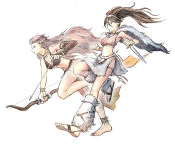 2girls arrow_(projectile) bow_(weapon) breasts brown_hair capelet cleavage commentary_request dagger fur_capelet h'aanit_(octopath_traveler) high_ponytail highres holding holding_dagger holding_knife holding_weapon knife leg_warmers long_hair medium_breasts multiple_girls navel octopath_traveler octopath_traveler_i official_alternate_costume ponytail primrose_azelhart qqqqqli running sandals simple_background weapon white_background white_leg_warmers