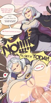 2koma anal ass blush bottomless breasts chrom_(fire_emblem) cleavage clitoris comic davewaterfalls female_robin_(fire_emblem) fire_emblem fire_emblem_awakening full_nelson gloves grima_(fire_emblem)_(female) heart instant_loss licking_lips nintendo penis possessed pussy red_eyes robe sex speech_bubble sweat testicles tongue tongue_out twintails white_hair