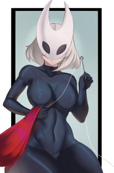 1girl absurdres black_bodysuit bodysuit border breasts character_mask cloak closed_mouth commentary cosplay covered_collarbone cowboy_shot english_commentary facing_viewer ferdinandusdart green_background highres holding holding_needle hollow_knight horned_mask hornet_(hollow_knight) hornet_(hollow_knight)_(cosplay) impossible_clothes large_breasts mask needle needle_(hollow_knight) original outside_border red_cloak short_hair skin_tight solo split_mouth unworn_cloak white_border white_hair white_mask