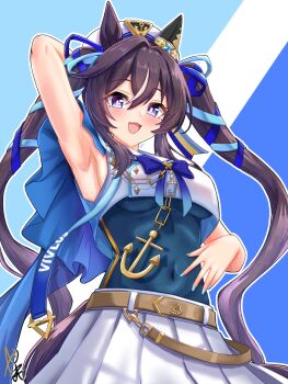 1girl anchor_necklace anchor_ornament animal_ears arm_up armpit_focus armpits belt beret blue_bow blue_cape blue_eyes blue_one-piece_swimsuit blue_ribbon blush bow breasts brown_belt brown_hair cape commentary_request covered_navel ear_covers hair_between_eyes hair_ribbon hat highres horse_ears horse_girl horse_tail jewelry long_hair looking_at_viewer medium_breasts mole mole_under_eye multicolored_hair necklace one-piece_swimsuit open_mouth presenting_own_armpit ribbon shirt single_ear_cover skirt smile solo streaked_hair swimsuit swimsuit_under_clothes tail twintails umamusume underboob vivlos_(umamusume) vivlos_(voyage_etincelant)_(umamusume) white_hat white_shirt white_skirt yashimo_1875