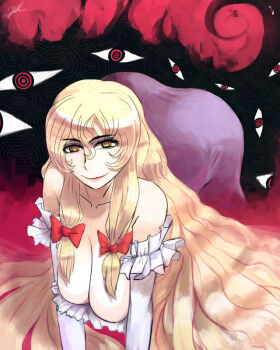 1girl all_fours ass blonde_hair bow breasts cleavage dress elbow_gloves gap_(touhou) gloves hair_bow lips long_hair looking_at_viewer no_headwear oo_gata_ken purple_dress red_bow red_lips sleeveless sleeveless_dress smile touhou very_long_hair white_gloves yakumo_yukari yellow_eyes