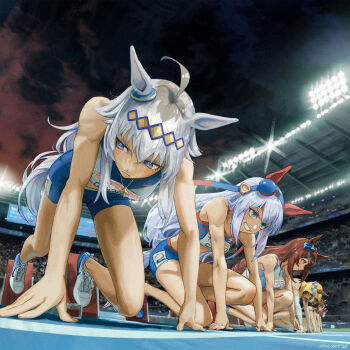 Rule 34 | 6+girls, ahoge, animal ears, bare shoulders, black sports bra, blue bow, blue eyes, blue hairband, blue shorts, blue sports bra, blush, bow, braid, breasts, brooch, brown eyes, brown hair, closed mouth, commentary, compression sleeve, detached sleeves, dicta striker (umamusume), ear covers, ear ornament, ears through headwear, ears through hood, flower, grey hair, grey tail, grin, hair between eyes, hair flaps, hair flower, hair ornament, hairband, headband, highres, hood, hooded jacket, hoodie, horse ears, horse girl, horse tail, jacket, jewelry, large breasts, long hair, long sleeves, medium breasts, medium hair, midriff, multicolored hair, multicolored hairband, multiple girls, necklace, night, oguri cap (umamusume), open mouth, pink hair, pink sports bra, pinwheel hair ornament, race bib, red headband, running track, sakura chiyono o (umamusume), shoes, short hair, shorts, sky, sleeveless, sleeveless jacket, small breasts, smile, sports bra, stadium, star brooch, starting block, streaked hair, striped clothes, striped hairband, super creek (umamusume), tail, tamamo cross (umamusume), teeth, tim yrt, two-tone hairband, umamusume, umamusume: cinderella gray, very long hair, white hair, white sports bra, yaeno muteki (umamusume), yellow eyes, yellow hood, yellow hoodie, yellow jacket