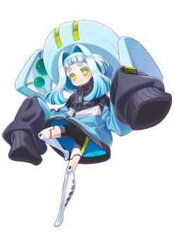 1girl black_bodysuit black_jacket blue_hair blue_hat blue_jacket blunt_bangs blush bodysuit bodysuit_under_clothes closed_mouth colored_eyelashes colored_inner_hair full_body gradient_hair hair_intakes hands_up hasegawa_umi hat highres jacket large_hat leg_lift long_sidelocks looking_at_viewer mechanical_legs medium_hair multicolored_hair multicolored_jacket official_art oversized_clothes oversized_jacket poron-chan second-party_source short_bangs short_eyebrows sidelocks sleeves_past_fingers sleeves_past_wrists smile solo square_pupils track_jacket transparent_background very_long_sleeves voicepeak white_hair yellow_eyes zipper