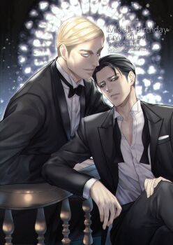 2boys absurdres black_bow black_bowtie black_hair black_jacket black_pants blonde_hair blue_eyes bow bowtie character_name collared_shirt commentary_request crossed_legs dated erwin_smith highres jacket levi_(shingeki_no_kyojin) loose_bowtie male_focus mskei multiple_boys pants parted_bangs parted_lips pocket_square shingeki_no_kyojin shirt short_hair sitting smile suit_jacket swept_bangs thick_eyebrows twitter_username upper_body white_shirt