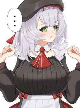 ... 1girl apron ascot black_hat blush braid braided_bangs breasts dress employee_uniform fast_food_uniform genshin_impact green_eyes grey_hair harechiuten hat kfc large_breasts looking_at_viewer noelle_(genshin_impact) noelle_(kfc)_(genshin_impact) official_alternate_costume red_ascot short_hair solo sweatdrop upper_body white_background
