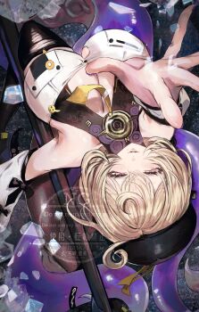 1girl bare_shoulders black_hat black_thighhighs blonde_hair blush breasts button_gap cleavage commentary_request detached_sleeves half-closed_eyes hat highres ice ice_shard large_breasts looking_at_viewer mole mole_under_mouth monster_girl murasaki_yuna open_mouth outstretched_arm polearm purple_eyes reaching reaching_towards_viewer scylla shirt short_hair single_thighhigh smile solo suction_cups tentacle_girl tentacle_tail tentacles thighhighs torn_clothes torn_thighhighs upside-down weapon white_shirt white_sleeves yidhari_murphy zenless_zone_zero