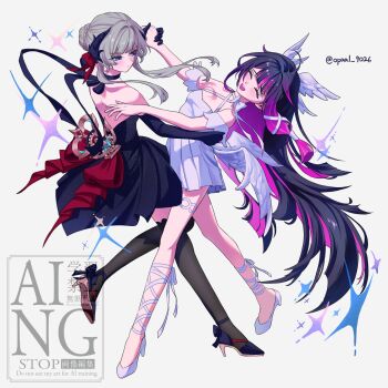 Rule 34 | 2girls, artist name, black dress, black gloves, black hair, black shoes, black thighhighs, brown hair, closed eyes, columbina (genshin impact), commentary, dancing, dress, elbow gloves, genshin impact, gloves, hair bun, head wings, high heels, highres, holding hands, leg ribbon, long hair, multicolored hair, multiple girls, opaal 9026, purple hair, ribbon, sandrone (genshin impact), shoes, symbol-only commentary, thighhighs, two-tone hair, very long hair, watermark, white dress, white shoes, white wings, wings, yuri