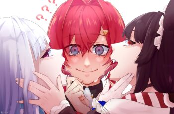 Rule 34 | 3girls, ?, ??, ange katrina, ange katrina (1st costume), artist name, blue eyes, blush, brown hair, closed mouth, commentary request, confused, embarrassed, fang, gradient eyes, hair between eyes, hair intakes, hair ornament, hand on another's cheek, hand on another's face, hand up, inui toko, inui toko (1st costume), licking, licking another's cheek, licking another's face, lips, lize helesta, long sleeves, looking at viewer, looking to the side, multicolored eyes, multiple girls, nijisanji, open mouth, portrait, purple eyes, re:sty, red eyes, red hair, saliva, sanbaka (nijisanji), smile, story in commentary, teeth, tongue, tongue out, triangle hair ornament, upper teeth only, virtual youtuber, wavy mouth, white background, white hair, yuri