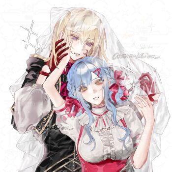 2girls aver_(yumenokessho) bang_dream! bang_dream!_it&#039;s_mygo!!!!! blonde_hair blue_hair bow breasts center_frills commentary commission doloris_(bang_dream!) feiyu30903448 frills gloves hair_between_eyes hair_bow hair_ornament hairclip hand_on_another&#039;s_cheek hand_on_another&#039;s_face highres large_breasts medium_hair misumi_uika multiple_girls open_mouth purple_eyes red_bow red_gloves sidelocks simple_background sweets_paradise togawa_sakiko watermark white_background yellow_eyes yumenokessho yuri