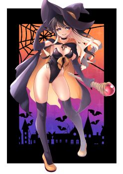 1girl absurdres black_hair black_thighhighs blush border breasts cape elbow_gloves full_body gloves halloween halloween_costume hat highres holding holding_staff kantai_collection large_breasts leotard long_hair makura_(y_makura) multicolored_hair naganami_(kancolle) pink_hair shorts smile solo staff strapless strapless_leotard thighhighs two-tone_hair wavy_hair white_border witch_hat
