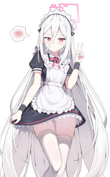 Rule 34 | 1girl, absurdres, alternate costume, apron, aris (blue archive), aris (blue archive) (cosplay), averting eyes, black dress, black hairband, blue archive, blush, closed mouth, commentary request, cosplay, dress, embarrassed, enmaided, feet out of frame, gluteal fold, hair between eyes, hairband, halo, highres, kei (blue archive), kei (new body) (blue archive), long hair, long hair between eyes, maid, maid apron, maid headdress, neck ribbon, pink eyes, pink halo, pink ribbon, rectangular halo, ribbon, ringed eyes, short sleeves, simple background, sob (submar1089), solo, thighhighs, v, very long hair, white background, white hair, white thighhighs, wristband