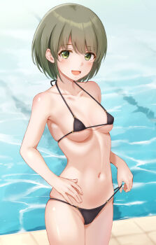 1girl alternate_costume armpits bikini black_bikini blush breasts ca_paria commentary_request green_eyes green_hair halterneck idolmaster idolmaster_shiny_colors looking_at_viewer medium_breasts micro_bikini nanakusa_nichika navel pool poolside short_hair skindentation smile solo stomach string_bikini swimsuit