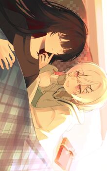 2girls alternate_costume bed_sheet black_hair black_shirt box closed_eyes commentary_request finger_to_another's_cheek gift gift_box hair_ornament highres hood hoodie long_hair long_sleeves looking_at_another lying mahou_shoujo_no_majo_saiban multicolored_hair multiple_girls nikaido_hiro on_back on_bed open_mouth ritzchrono sakuraba_ema shirt short_hair sidelighting sideways sleeping smile upper_body white_hair white_hoodie x_hair_ornament yuri