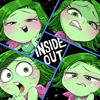 blush colored_skin disgust_(inside_out) disney green_eyes green_hair green_skin inside_out lips pixar scarf sweat tears