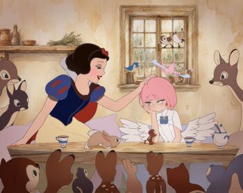 2girls :/ alternate_hair_length alternate_hairstyle angel_wings bird black_hair blue_archive blue_bow bow capelet commentary creammilk_tea crossover cup deer english_commentary hair_bow half-closed_eyes halo hand_on_own_cheek hand_on_own_face head_rest headpat highres indoors long_skirt looking_at_another low_wings mika_(blue_archive) multiple_girls muntins pink_hair pink_halo plant potted_plant profile puffy_sleeves rabbit red_bow red_lips shelf short_hair short_sleeves skirt snow_white_(disney) snow_white_and_the_seven_dwarfs_(disney) squirrel sugar_bowl table teacup toon_(style) white_capelet window wings yellow_eyes yellow_skirt