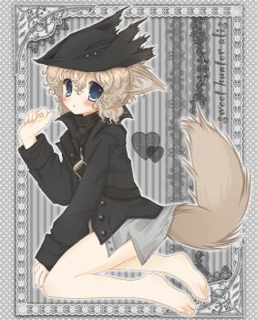 1other 2000s_(style) alice_(frilldevil) androgynous animal_ears barefoot black_coat black_hat blonde_hair bloodborne blue_eyes blush coat curly_hair faux_retro_artstyle feet hat heart highres hunter_(bloodborne) lace_background looking_at_viewer other_focus outline short_hair shoulder_belt sitting soles solo tail toes white_outline