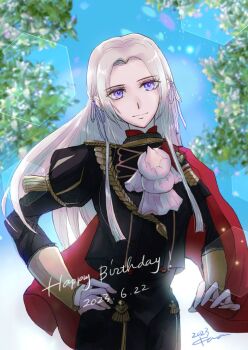 Rule 34 | 1girl, breasts, cape, commentary request, edelgard von hresvelg, fire emblem, fire emblem: three houses, garreg mach monastery uniform, hair ribbon, happy birthday, kana (kanakothird), long hair, looking at viewer, nintendo, purple eyes, purple ribbon, red cape, ribbon, small breasts, solo, white hair