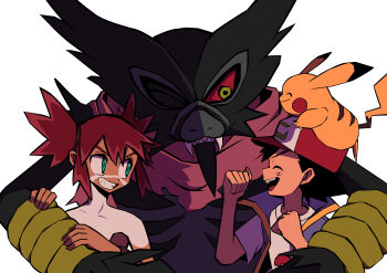 2boys absurdres aqua_eyes ash_ketchum baseball_cap blue_vest bodypaint clenched_hands closed_eyes closed_mouth clothed_pokemon colored_sclera commentary_request dark-skinned_male dark_skin facepaint fangs gen_1_pokemon gen_8_pokemon green_eyes hands_on_another&#039;s_arm hat highres koko_(pokemon) multiple_boys mythical_pokemon nintendo nostrils on_head one_eye_closed open_clothes open_mouth open_vest ottoyamaotoko8 pikachu poke_ball_print pokemon pokemon_(anime) pokemon_(creature) pokemon_on_head pokemon_the_movie:_secrets_of_the_jungle purple_scarf red_hair red_hat red_sclera scarf sharp_teeth shirt short_hair short_sleeves simple_background smile teeth topless_male torn_clothes torn_scarf upper_body upper_teeth_only v-shaped_eyebrows vest white_background white_shirt zarude zarude_(dada)