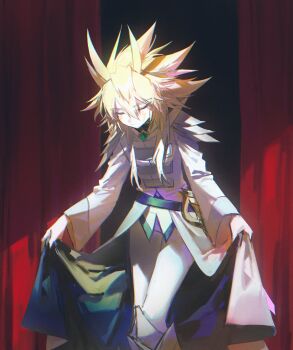 1boy alien_888 antenna_hair armor blonde_hair boots bowing closed_eyes coat curtains curtsey facial_mark facing_to_the_side hair_slicked_back highres indoors knee_boots kuaidul_velgear leg_armor lifting_own_clothes male_focus pants scabbard sheath shirt shoulder_armor spiked_hair untucked_shirt white_coat white_pants yu-gi-oh! yu-gi-oh!_go_rush!!