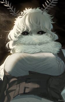 1girl absurdres antennae arthropod_girl black_sclera breasts colored_sclera commentary english_commentary from_below fur_collar highres insect_girl large_breasts levvimi looking_at_viewer monster_girl moth_antennae moth_girl night original photo-referenced solo white_hair