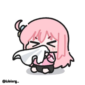 Rule 34 | > <, 1girl, black skirt, blowing nose, bocchi the rock!, chibi, chibi only, closed eyes, commentary, facing viewer, full body, gotoh hitori, highres, holding tissue, jacket, long hair, lulalang, one side up, pink hair, pink jacket, simple background, sitting, skirt, solo, symbol-only commentary, white background