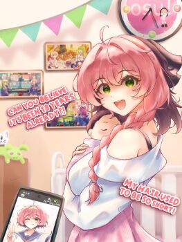 1girl ahoge baby bare_shoulders birthday black_straps braid carrying carrying_baby carrying_person cellphone clock crib english_text green_eyes h3p0 hair_tie highres indoors light_blush long_hair looking_at_viewer multicolored_hair off-shoulder_shirt off_shoulder open_mouth osu! phone picture_frame pink_hair pippi_(osu!) shirt shoulder_strap single_braid skirt smartphone smile solo_focus two-tone_hair wall_clock