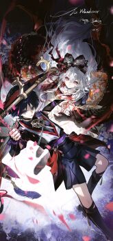 Rule 34 | 1boy, 1girl, armor, artist request, black bow, black hair, black hands, black hat, black kimono, black sandals, black sash, black shorts, black sleeves, blunt ends, bow, cat's cradle, character name, clenched hand, closed mouth, colored extremities, commentary request, commission, commissioner insert, couple, crossed bangs, dated, eyelashes, eyeliner, falling petals, floral print, floral print kimono, floral print sleeves, frilled kimono, frilled sleeves, frills, furisode, genshin impact, gold, hair between eyes, hair bow, hands up, happy birthday, hat, hayami momo (hayamimomo), hetero, highres, japanese armor, japanese clothes, jewelry, jingasa, juban, kimono, kote, kurokote, lace-trimmed bow, lace trim, layered shorts, layered sleeves, long hair, long sidelocks, looking at viewer, makeup, mitsudomoe (shape), mole, mole under eye, neck ring, o-ring, obi, obiage, obijime, oc x canon, open clothes, open hand, open kimono, orange sleeves, original, petals, pink eyes, pink petals, print kimono, purple eyes, purple rope, purple sash, purple shorts, purple sleeves, red eyeliner, red hat, red kimono, red sash, red sleeves, rope, sandals, sash, scaramouche (genshin impact), second-party source, shimenawa, short sleeves, shorts, sidelocks, single sode, smirk, stirrup legwear, string, tassel, toeless legwear, tomoe (symbol), tsurime, two-tone hat, very long hair, white hair, white kimono, white rope, white sleeves, wispy bangs, yellow sash, zouri