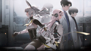 Rule 34 | 1boy, 2girls, absurdres, asymmetrical legwear, back-to-back, backless bodysuit, black bodysuit, black hair, black pantyhose, black shirt, blue shirt, bodysuit, boots, bracelet, breasts, chinese commentary, coat, collared bodysuit, collared shirt, commentary, from side, headgear, headphones, highres, industrial, jewelry, joints, karenina: scire (pgr), karenina (pgr), lab coat, long hair, mechanical arms, medium breasts, medium hair, mob face, multicolored bodysuit, multiple girls, official art, official wallpaper, open clothes, open coat, pantyhose, people, pink eyes, pink hair, profile, punishing: gray raven, robot joints, scaffolding, shirt, short hair, single leg pantyhose, smile, sparks, straight hair, teddy: decryptor (pgr), teddy (npc) (pgr), teddy (pgr), thigh boots, twintails, two-tone bodysuit, underbust, undershirt, white bodysuit, white footwear, white hair, xtears kitsune, yarha (pgr), yellow eyes