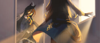 1girl absurdres ahoge animal_ears black_coat black_gloves black_hair black_pantyhose black_skirt coat collared_shirt commentary dev_grater ear_tag earrings gloves hair_between_eyes highres horse_ears horse_girl horse_tail jewelry long_bangs long_hair long_hair_between_eyes long_sleeves manhattan_cafe_(creeping_black)_(umamusume) manhattan_cafe_(umamusume) mirror multicolored_hair necktie pantyhose reflection shirt single_earring skirt sunlight tail umamusume very_long_hair white_hair window yellow_eyes yellow_necktie