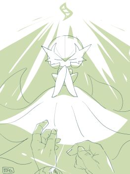absurdres artist_name bob_cut closed_eyes dress gardevoir gen_3_pokemon highres hime_takeo mega_evolution mega_evolution_symbol mega_gardevoir mega_pokemon nintendo out_of_frame own_hands_together pokemon pokemon_(creature) signature white_dress