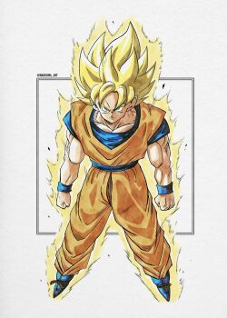 1boy blonde_hair blue_boots blue_sash blue_shirt blue_wrist_cuffs boots clenched_hands dougi dragon_ball dragonball_z full_body green_eyes highres looking_at_viewer male_focus medium_hair naouuma_art orange_pants orange_shirt pants sash shirt simple_background solo son_goku spiked_hair super_saiyan super_saiyan_1 white_background wrist_cuffs
