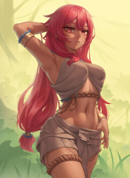 1girl arm_behind_head armlet armpits borrowed_character breasts commentary commission cowboy_shot green_background grey_skirt highres jewelry long_hair looking_at_viewer low-tied_long_hair medium_breasts midriff navel original parted_lips red_eyes red_hair skirt sleeveless solo standing stormstx thigh_strap