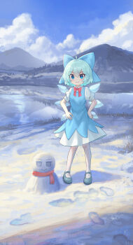 Rule 34 | 1girl, absurdres, blue bow, blue dress, blue eyes, blue hair, blue shoes, blue sky, bow, bowtie, cirno, cloud, collared shirt, commentary, day, detached wings, dress, footprints, hair bow, hands on own hips, highres, ice, ice wings, mary janes, outdoors, pantyhose, pinafore dress, puffy short sleeves, puffy sleeves, red bow, red bowtie, shirt, shoes, short hair, short sleeves, sky, sleeveless, sleeveless dress, snow, snowman, solo, toorooo, touhou, white pantyhose, white shirt, wings