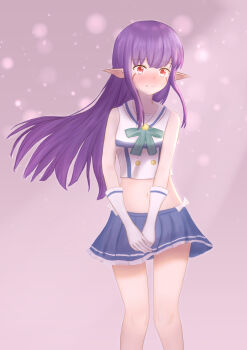 esil_radiru facepaint gloves highres pointy_ears purple_hair red_eyes sailor_collar sailor_shirt shirt skirt solo_leveling
