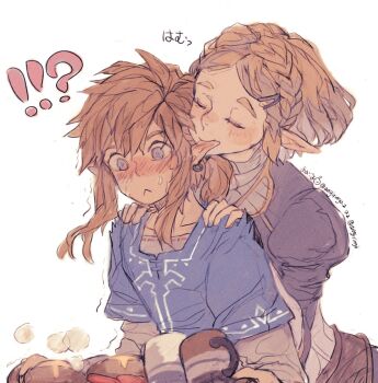 !? 1boy 1girl aogoma assertive_female biting biting_ear blonde_hair blue_eyes blue_shirt blue_tunic blush braid closed_eyes crown_braid earrings gold_trim grey_shirt hair_between_eyes hair_ornament hair_tie hairclip hands_on_another&#039;s_shoulders highres jewelry link low_ponytail medium_hair nintendo parted_bangs pointy_ears ponytail princess_zelda shirt short_hair sidelocks sweatdrop the_legend_of_zelda the_legend_of_zelda:_breath_of_the_wild tunic twitter_username upper_body white_background wide-eyed