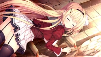 1girl black_thighhighs blonde_hair game_cg garter_straps hair_ornament hairband hairclip haruoto_alice_gram kuonji_kazuha_(harugura) long_hair mitha non-web_source pleated_skirt skirt solo thighhighs very_long_hair