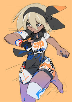 Rule 34 | 1girl, barefoot, bea (pokemon), black bodysuit, black hairband, bodysuit, bodysuit under clothes, bow hairband, closed mouth, crop top, dark-skinned female, dark skin, gloves, grey eyes, hair between eyes, hairband, highres, knee pads, leg up, nintendo, orange background, partially fingerless gloves, pokemon, pokemon swsh, shirt, short hair, short sleeves, shorts, single glove, solo, wi st i
