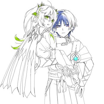 1boy 1girl ahoge anklet arm_at_side armlet armor asymmetrical_sidelocks belt bloomers blue_gem blunt_ends bodysuit bow bracelet braid bridal_gauntlets bright_pupils cape carrying child_carry choppy_bangs clenched_teeth closed_mouth colored_tips commentary_request cross-shaped_pupils detached_sleeves dress eyelashes eyeliner feathers gem genshin_impact green_eyes green_hair hair_ornament hakama hakama_shorts half_crown_braid hand_on_own_hip hands_on_another's_shoulder hands_up highres japanese_armor japanese_clothes jewelry kimono kote leaf leaf_hair_ornament long_hair looking_at_viewer makeup middle_ring multicolored_hair nahida_(genshin_impact) open_clothes open_kimono partially_colored pleated_shorts pointy_ears pom_pom_(clothes) purple_eyes purple_hair red_eyeliner rope sash scaramouche_(genshin_impact) shimizumikann shorts shoulder_peek side_cape side_ponytail sidelocks sitting_on_arm stirrup_footwear streaked_hair symbol-shaped_pupils tassel teeth toes tsurime underwear wanderer_(genshin_impact) white_background white_pupils