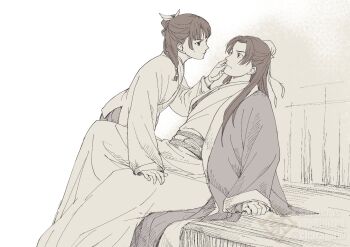 Rule 34 | 1boy, 1girl, beads, breasts, bun cover, chara no7, chinese commentary, couple, feet out of frame, freckles, furrowed brow, hair beads, hair bun, hair ornament, hair over shoulder, hair ribbon, half updo, hand on another's cheek, hand on another's face, hetero, jinshi (kusuriya no hitorigoto), kusuriya no hitorigoto, leaning back, leaning forward, maomao (kusuriya no hitorigoto), parted bangs, ribbon, sepia, sidelocks, small breasts